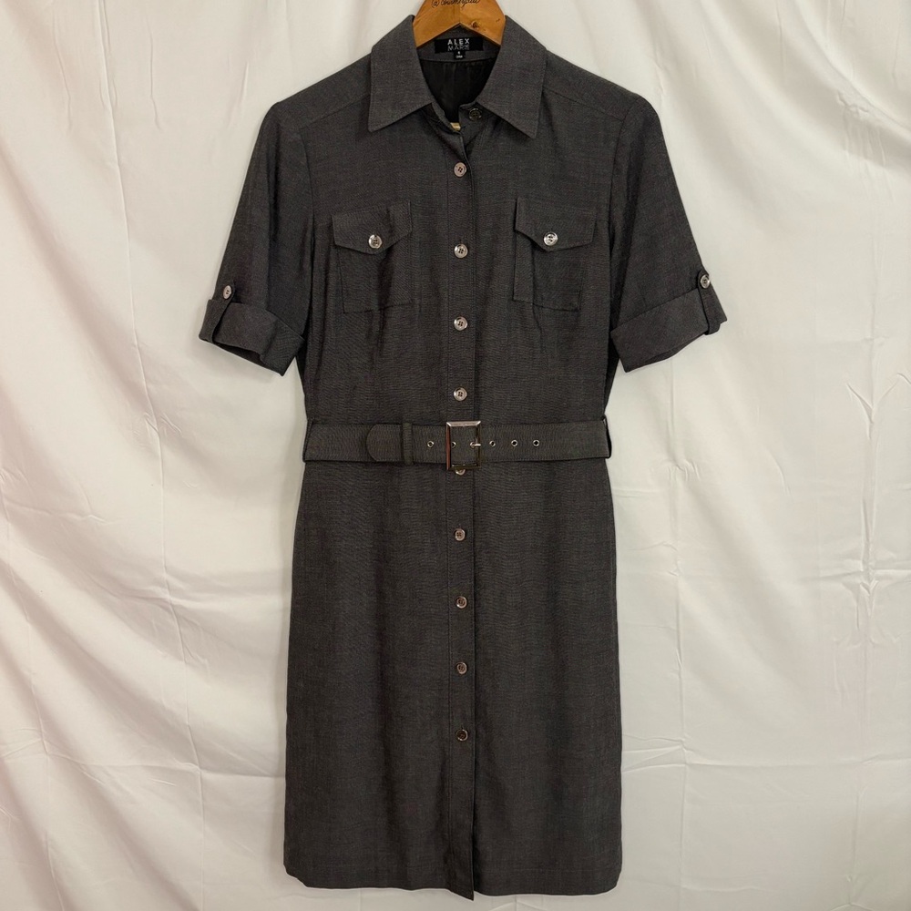 Alex Marie Dark Gray Collared & Belted Button Front Shirt Dress in Size 6